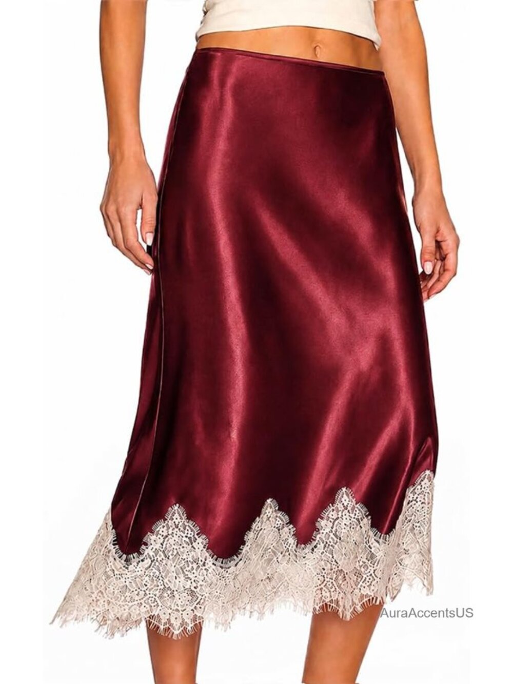 Satin Midi Skirt with Lace Hem High Waist A-Line Flowy Women's